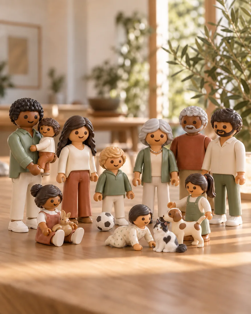 Famille de figurines de plusieurs générations réunie avec un chat blanc et noir, support symbolique des liens familiaux